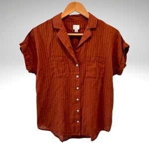 A NEW DAY Rust Short Sleeve Button Down Top Striped Shimmer Thread Size Medium